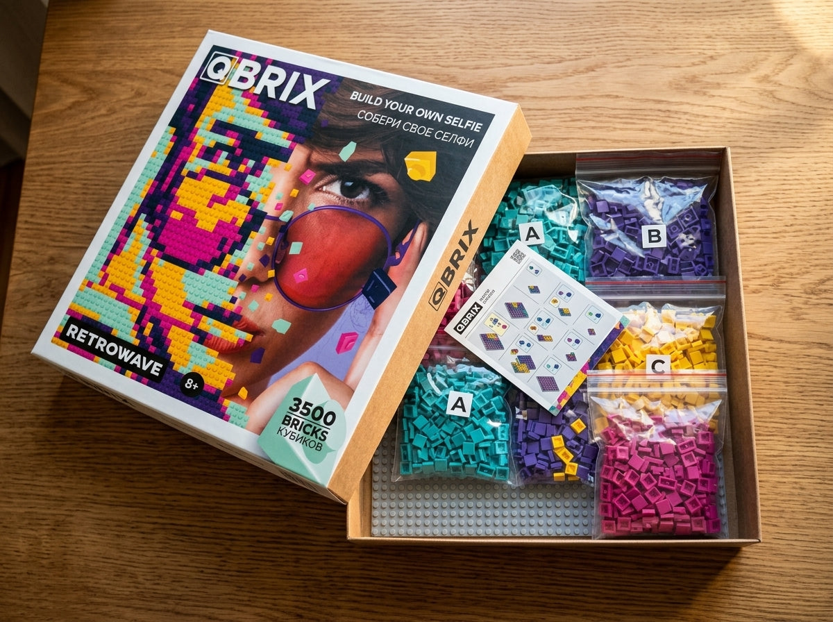 Kotak Qbrix — kemasan dan QR-code