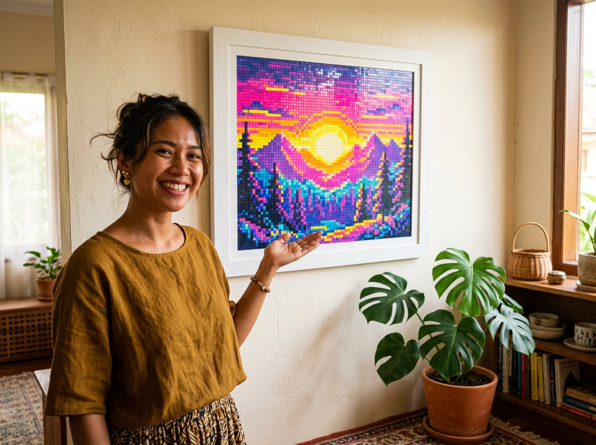 Karya Qbrix selesai — gadis menunjukkan hasil